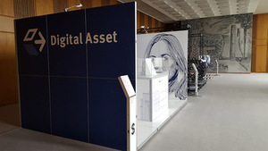 Simon Denny, Linda Kantchev, fragments of the installation Blockchain Visionaries, 2016