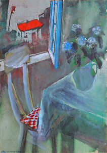 Z. Varnauskas. Natiurmortas su nameliu, pop. mišri tech., 53,5x37,5 cm, 1970 m.