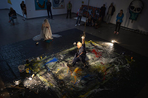 Actionist painting act Put a finer into my wound. Kaunas Picture Galery, 2015. Photo by Antanas Untydi. Actionist painting act Put a finer into my wound. Kaunas Picture Galery, 2015. Photo by Antanas Untydi.