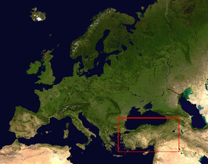 Anatolia (framed by a red rectangle) and Europe. Image from Vikiteka. Anatolia (framed by a red rectangle) and Europe. Image from Vikiteka.