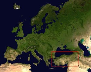 Anatolia (framed by a red rectangle) and Europe. Image from Vikiteka. Anatolia (framed by a red rectangle) and Europe. Image from Vikiteka.