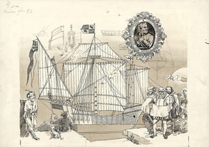 Arvydas Každailis (g. 1939). Iliustracija Aloyzo Každailio knygai „Laivai ir jūrininkai“. 1979. Kolumbo karavelė ir jo emblema. Popierius, tušas, sepija. Nac. M.K.Čiurlionio dailės muziejaus archyvas, skenavo Edgaras Austinskas