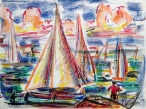 Adomas Galdikas. „Burlaiviai“, pop., past., 23x30 cm, XX a. 6 deš.