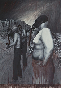 Aliutė Mečys. "Three Figures with Gas Masks, 2001. Hamburg Artists Heritage Forum Collection. Photo by Audrius Kapčius