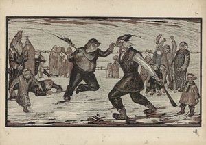 A. Vaičaitis. Užgavėnės. 1939. Pop., lino raižinys, 50 x 70 cm. Skenavo Edgaras Austinskas A. Vaičaitis. Užgavėnės. 1939. Pop., lino raižinys, 50 x 70 cm. Skenavo Edgaras Austinskas