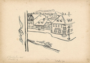 A. Vaičaitis. The brown pharmacy. Riders. Illustration for J. Kaupas book "Doctor Kripštukas in Hell." 1948, Freiburg. Paper, ink 21,5x30,5.Scanned by Edgaras Austinskas.