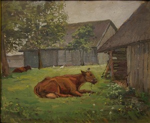 „Valstiečių kiemas“. 1946, aliejus, kartonas. 40x48,5 cm. Privati kolekcija. „Valstiečių kiemas“. 1946, aliejus, kartonas. 40x48,5 cm. Privati kolekcija.