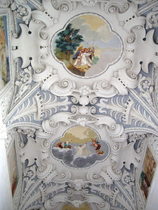 Northern corridor vault, Pažaislis. Frescoes depict the life of the blessed Bogumil. Author's photo. Northern corridor vault, Pažaislis. Frescoes depict the life of the blessed Bogumil. Author's photo.