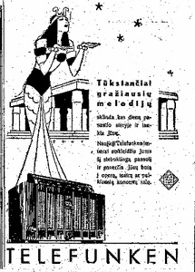 Advertisement of radio players of German company Telefunkel. Lietuvos Žinios No. 279., December 7, 1938. Advertisement of radio players of German company Telefunkel. Lietuvos Žinios No. 279., December 7, 1938.